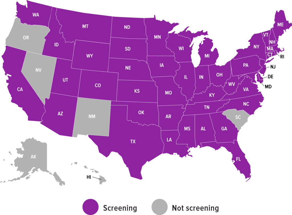 Map of the United States showing newborn screening states for SMA in purple